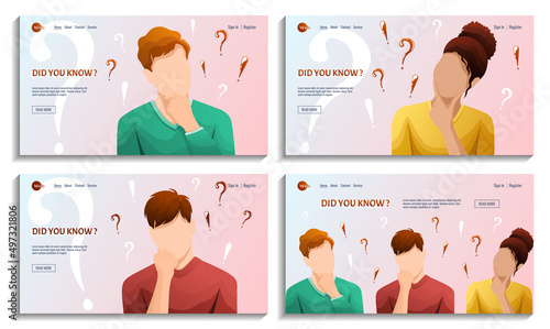 People are thinking. Web design. Question and exclamation marks. Thinking concept. Set of vector illustration for flyer, poster, banner, advertising, website development. 
