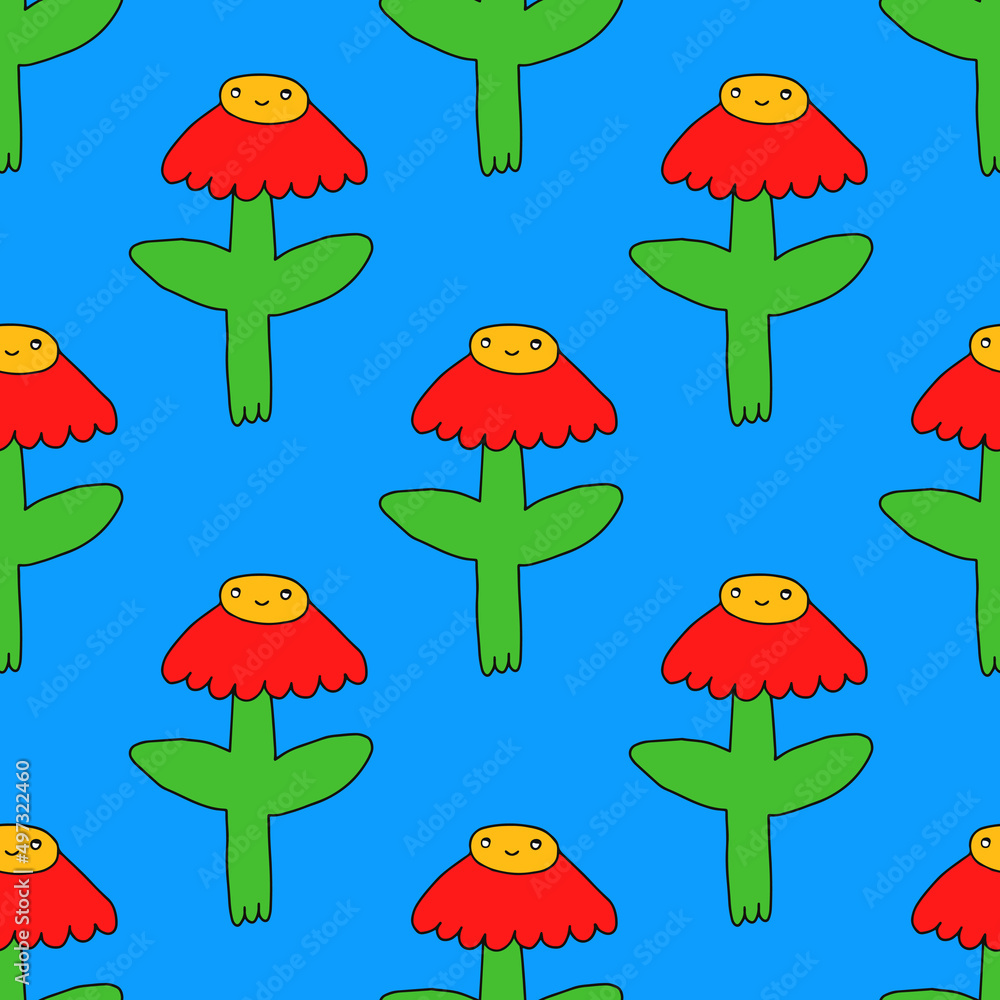 Seamless vector pattern with flowers. Vibrant flowers with faces in the style of psychedelic art. Ornament in the style of hippie 70s and 80s. Funny botanical print Seamless vector pattern with flowers. Vibrant flowers with faces in the style of psychedelic art. Ornament in the style of hippie 70s and 80s. Funny botanical print