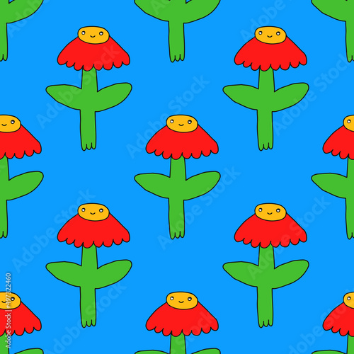 Seamless vector pattern with flowers. Vibrant flowers with faces in the style of psychedelic art. Ornament in the style of hippie 70s and 80s. Funny botanical print