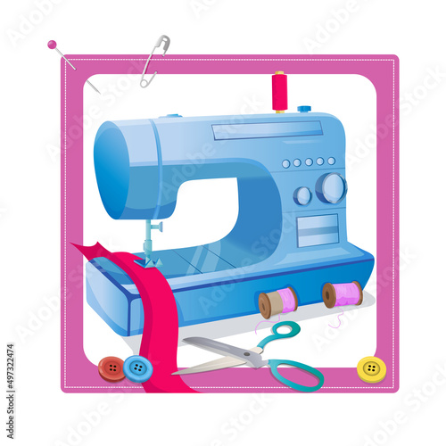 A frame with sewing and knitting accessories. Sewing instruments modern electronic sewing machine, a pincushion with needles, buttons, and threads.