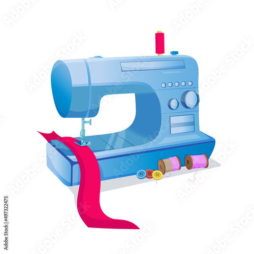 Vector illustration of sewing instruments modern electronic sewing machine, a pincushion with needles, buttons, and threads.