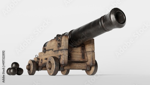 Konstfotografi An ancient cannon with a black barrel on a light background, cannonballs lie nea