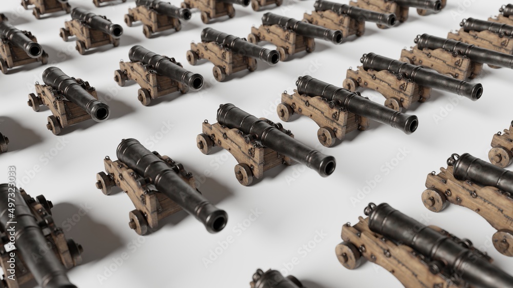 Ancient guns with black barrels are lined up on a white plane