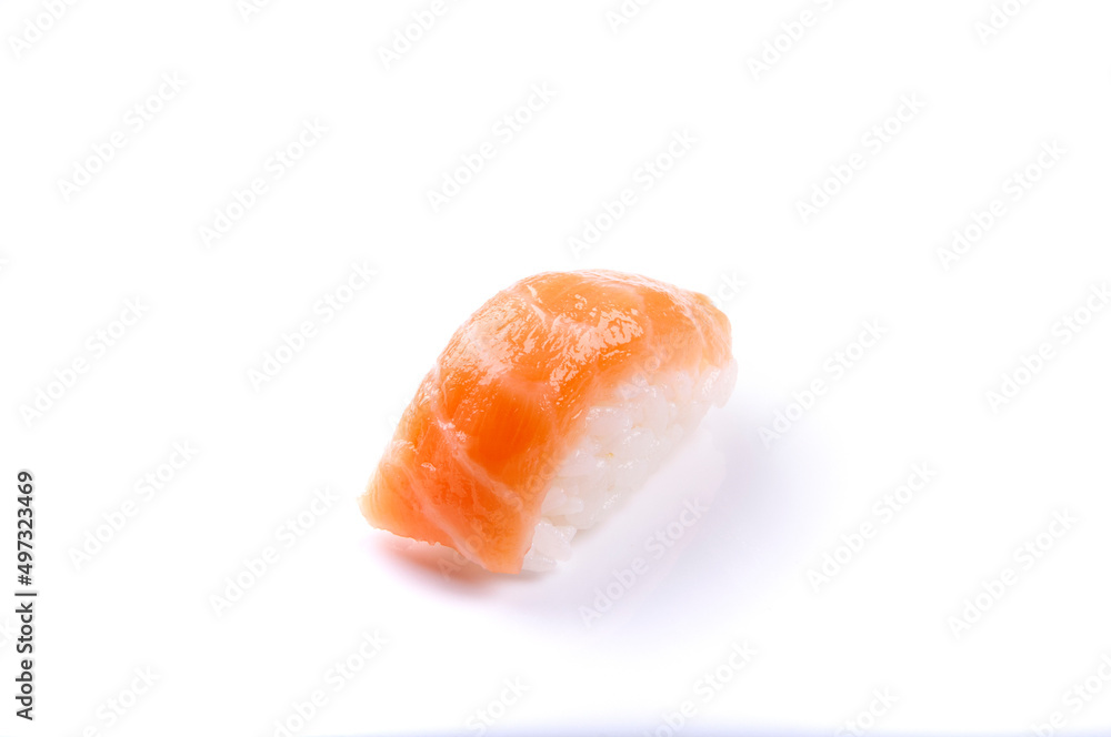 just one piece of raw salmon nigiri sushi with rice japanese food close up cut angle isolated on white background just one piece of raw salmon nigiri sushi with rice japanese food close up cut angle isolated on white background