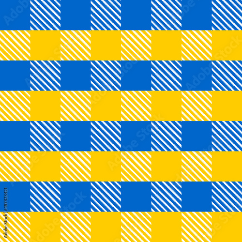 Checkered seamless pattern. Blue and yellow squares for modern fabrics, textiles, wrapping decorative paper. Vector.
