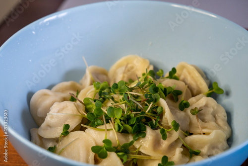 Delicious meat dumplings in the blue bowl on the wooden background. Fresh micro greens in a bowl with dumplings. Ukrainian traditional dish