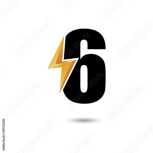 Number Six 6 ThunderBolt Logo Design Concept in Black and Yellow. Numeric Flash Icon.