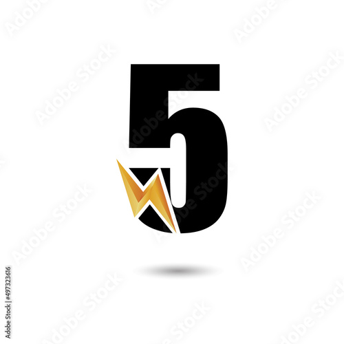 Number Five 5 ThunderBolt Logo Design Concept in Black and Yellow. Numeric Flash Icon.
