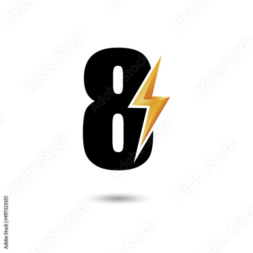 Number eight 8 ThunderBolt Logo Design Concept in Black and Yellow. Numeric Flash Icon.