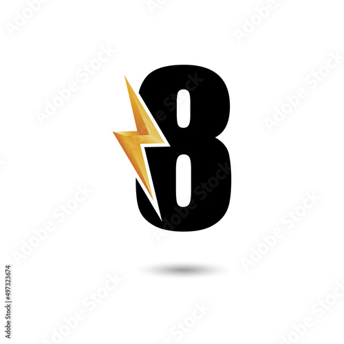 Number eight 8 Thunderbolt Logo Design Concept in Black and Yellow. Numeric Flash Icon.