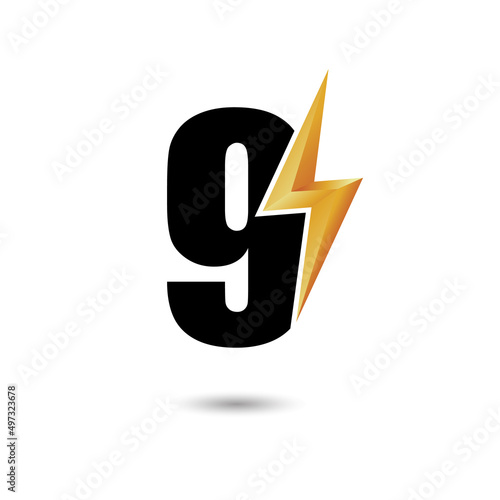 Number Nine 9 ThunderBolt Logo Design Concept in Black and Yellow. Numeric Flash Icon.