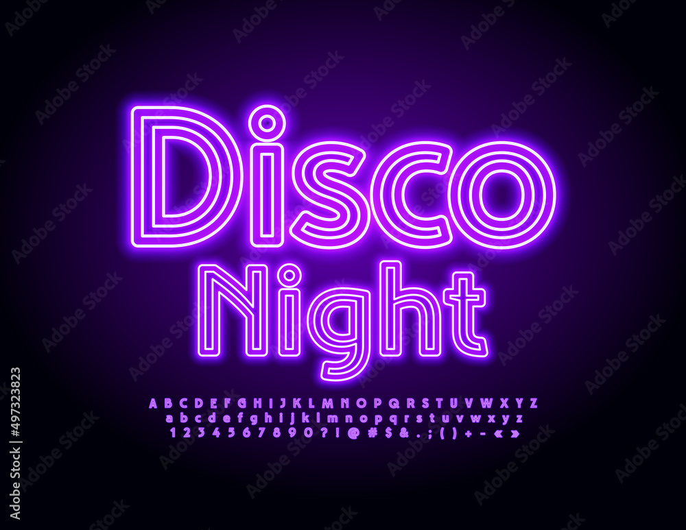 Vector glowing Banner Disco Night. Trendy Bright Font. Artistic Alphabet Letters and Numbers Vector glowing Banner Disco Night. Trendy Bright Font. Artistic Alphabet Letters and Numbers