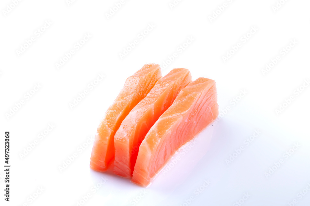three pieces of raw salmon sashimi sushi japanese food close up cut angle isolated on white background three pieces of raw salmon sashimi sushi japanese food close up cut angle isolated on white background