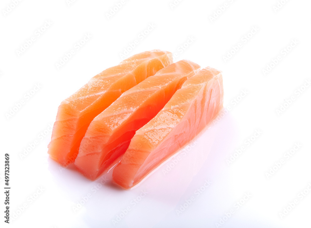 three pieces of raw salmon sashimi sushi japanese food close up cut isolated on white background
