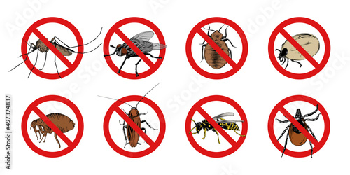 Vector engraved style illustrations for posters, logo, emblem and badge. Hand drawn sketch set of insects, fly, sucker, mosquito, bug, wasp, mite, cockroach. Prohibited signs, stop, warning, forbidden