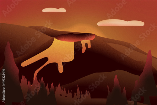 Tablou pe pânză Volcano Illustration In Orange Landscape Spitting Lava