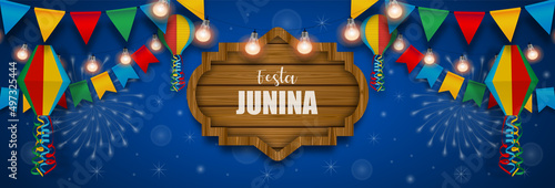 Festa junina banner with colorful pennants and lanterns. june brazilian festival banner