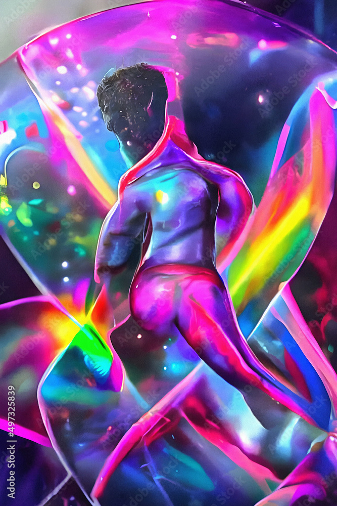 A 3d digital rendering of an abstact artistic depcition of gay, LGBTQ pride with a person in the middle of rainbow symbolism and sparkles.