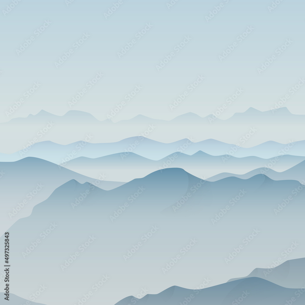 Mountain landscape in the fog. Vector illustration of silhouettes of mountains in a haze of morning mist. Background for creativity.