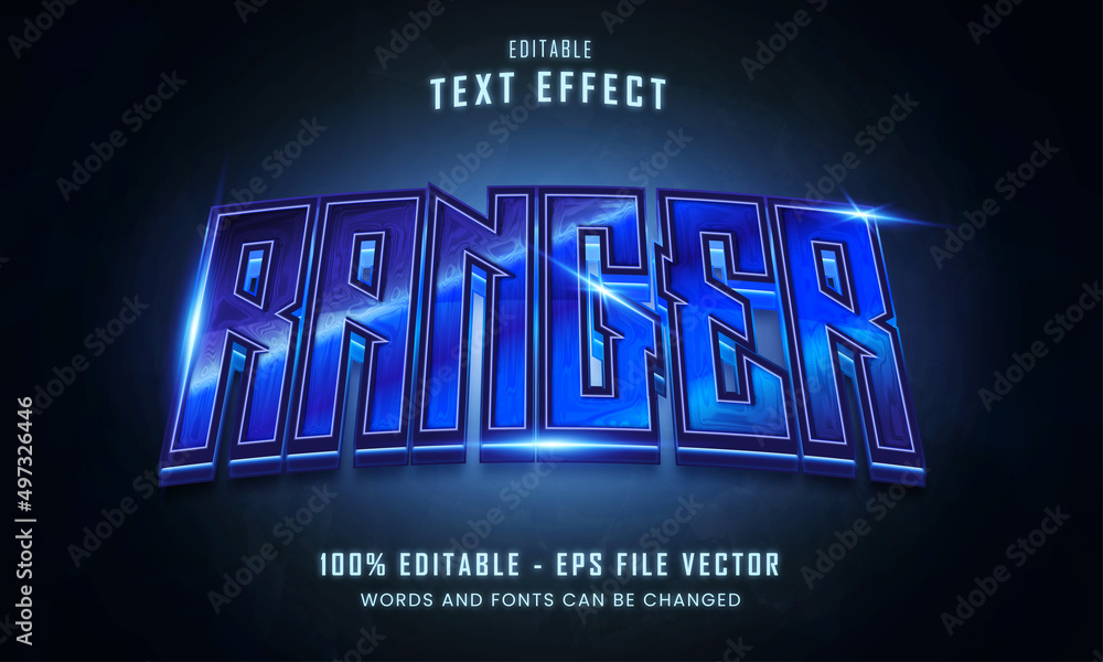 Blue ranger hero neon text style editable text effect Premium Vector