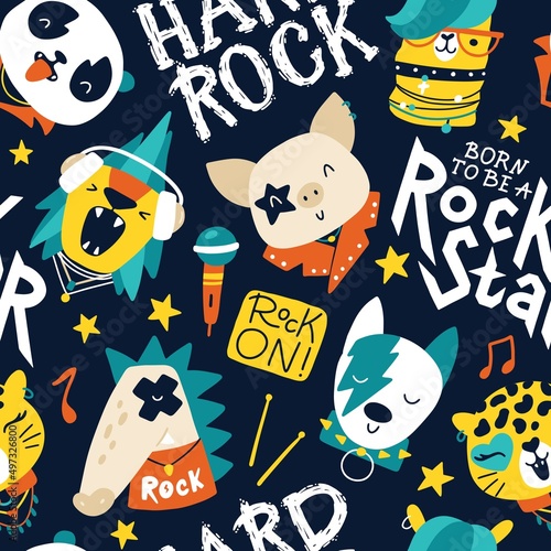 Cute animal rock star seamless pattern with graffiti lettering. Hand drawn colorful doodle cartoon characters in rock accessories. Ideal for baby clothes, textiles, wallpaper, wrapping paper.