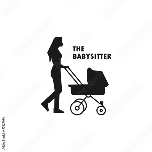 Female babysitter walking with baby stroller simple black vector silhouette illustration.