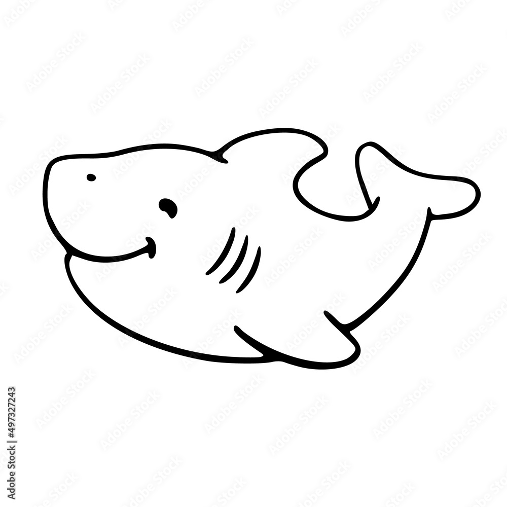 Obraz premium Kids coloring book of shark. Vector illustration outline drawing. Isolated line drawing cute cartoon animal printable clipart.