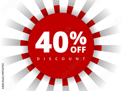 40 percent off discount. Special offer sale 40 percent off. Sale discount offer. Vector modern promotion banner forty percent discount in red circle on white background with halftone dots and lines.