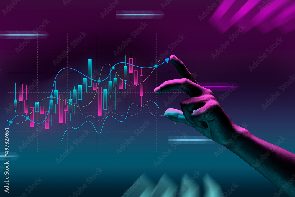 Financial market analytics graph on a world map background, scale of pieces and stock markets