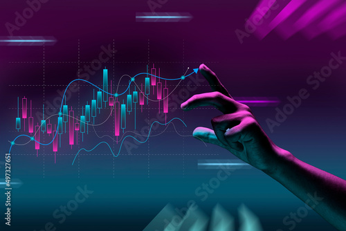 Obraz na płótnie Financial market analytics graph on a world map background, scale of pieces and stock markets w salonie