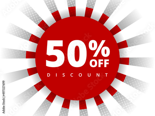 50 percent off discount. Special offer sale 50 percent off. Sale discount offer. Vector modern promotion banner fifty percent discount in red circle on white background with halftone dots and lines.