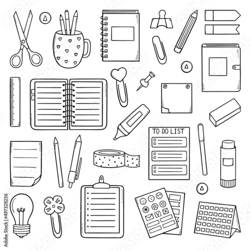 Hand drawn set of Planner and Bullet journal elements. Doodle sketch style. Stationery for planning in sketch style. Vector illustration isolated on white background.