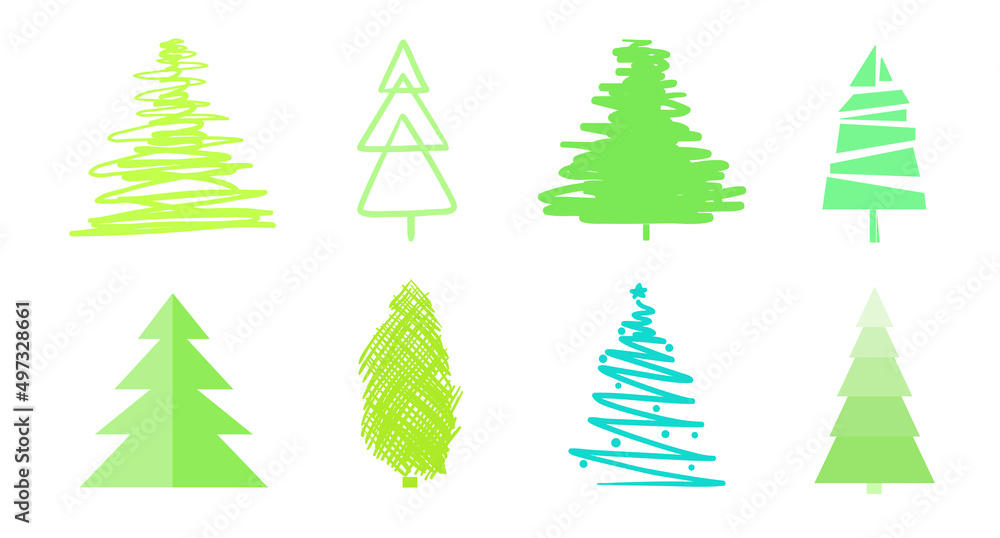 Obraz premium Christmas trees on white. Set for icons on isolated background. Geometric art. Objects for polygraphy, posters, t-shirts and textiles. Colored illustration