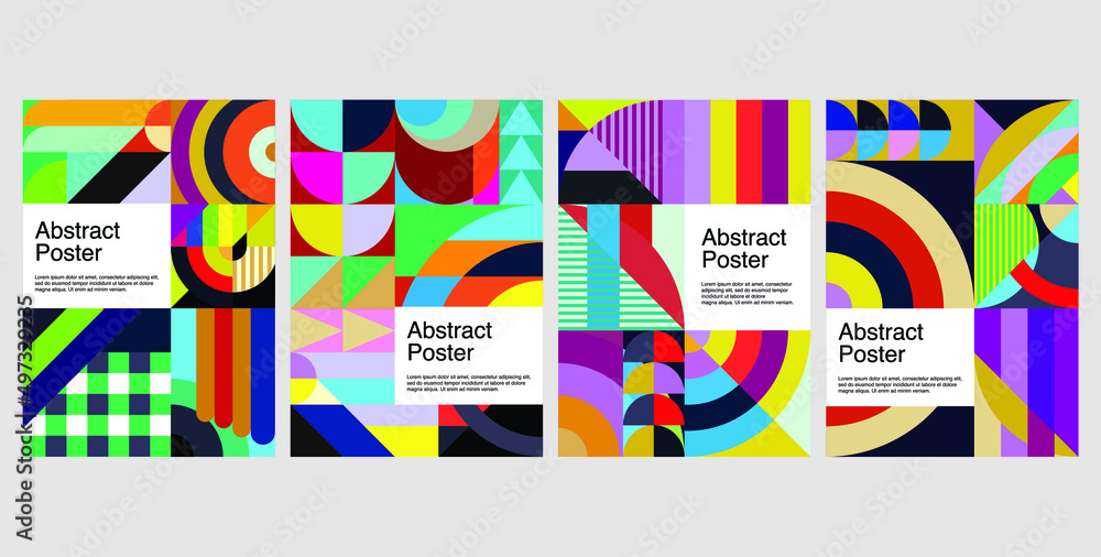Modern grid flyer with geometric shapes, geometry graphics and abstract background set. 