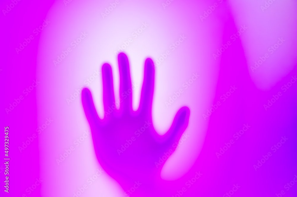 Ghost shadow of hand behind frosted glass, Violence, fear, horror halloween trapped and panic concept, faceless person, Abstract blur hands silhouettes, blurry and soft focus, purple, violet a magenta