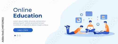 Online education concept. Vector layout for website page. Illustration in flat style with people studying remotely. Students learning online at home. Vector illustration EPS 10