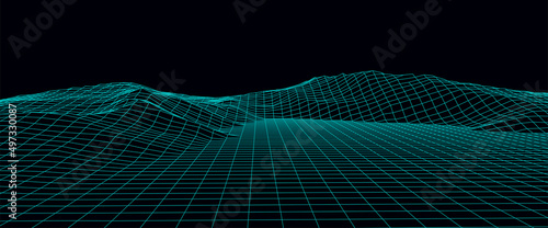 Technology perspective grid with mountain landscape background. Vector digital space wireframe landscape. Mesh on a black background