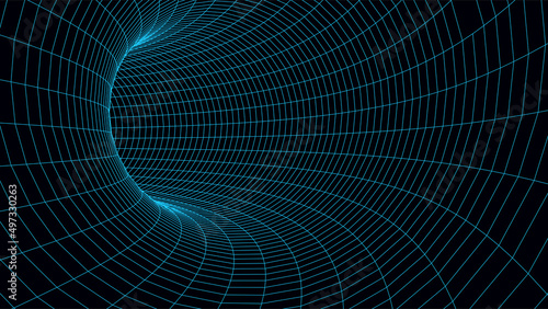 Abstract wireframe tunnel. Vector wormhole. 3D portal. Futuristic fantasy funnel.