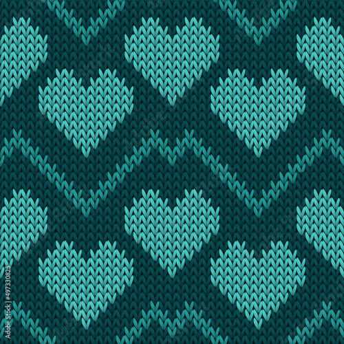 Hygge heart knit norwegian vector seamless pattern. Knitted texture valentine ornament.