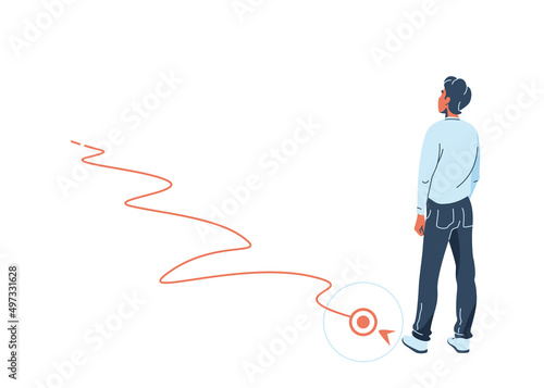 Path to success vector illustration. Way with direction line to the purpose. Business man back view. Route design concept in simple modern flat style