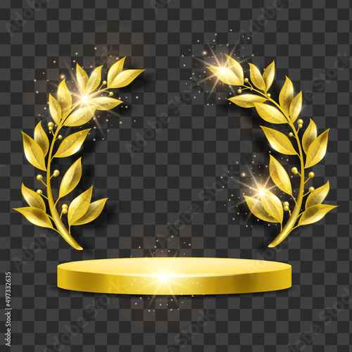 Golden award podium, vector laurel winner wreath, first place ceremony stage, championship award. Metal olive branch leaf, trophy pedestal on transparent background. Victory contest golden podium