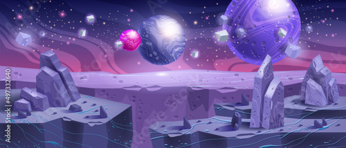 Space background, alien planet landscape, cosmic purple rocks, vector cartoon fantasy game banner. Neon futuristic cosmos illustration, night sky stars, fantastic stone surface. Space background
