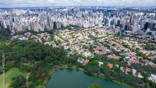 Aerial view of Ibirapuera Park in São Paulo, SP. Residential buildings around. Lake in Ibirapuera Park