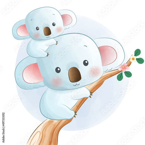 Cute mom and baby koala watercolor illustration