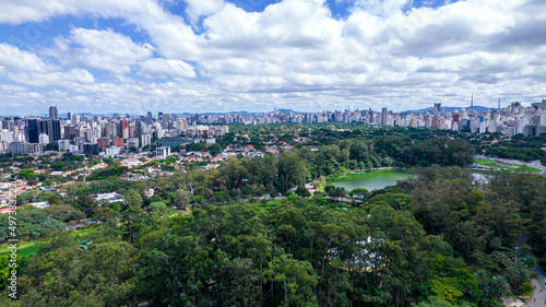 Aerial view of Ibirapuera Park in São Paulo, SP. Residential buildings around. Lake in Ibirapuera Park