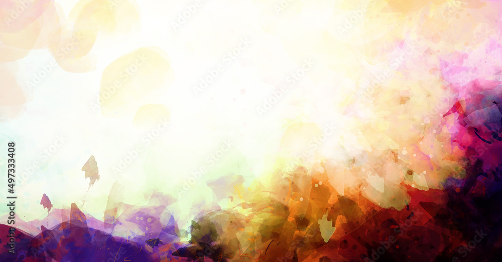 Multicolored abstract watercolor with splashes and drops of paint on a white background text space