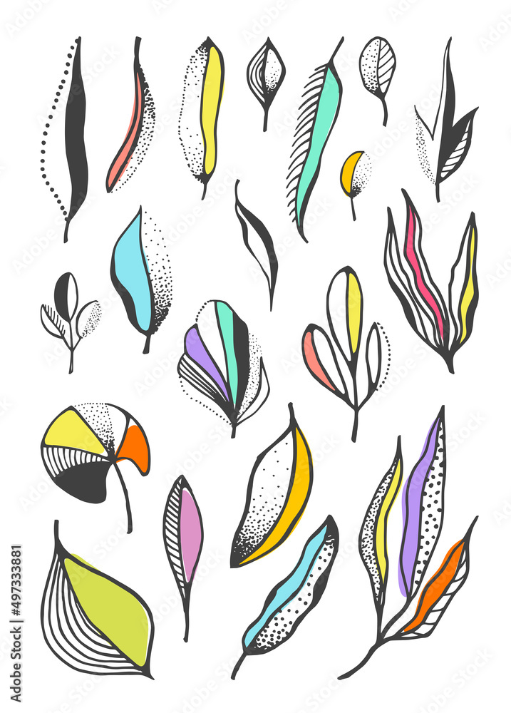 Fantasy decorative leafs set with various patterns. Hand drawn doodle illustration set