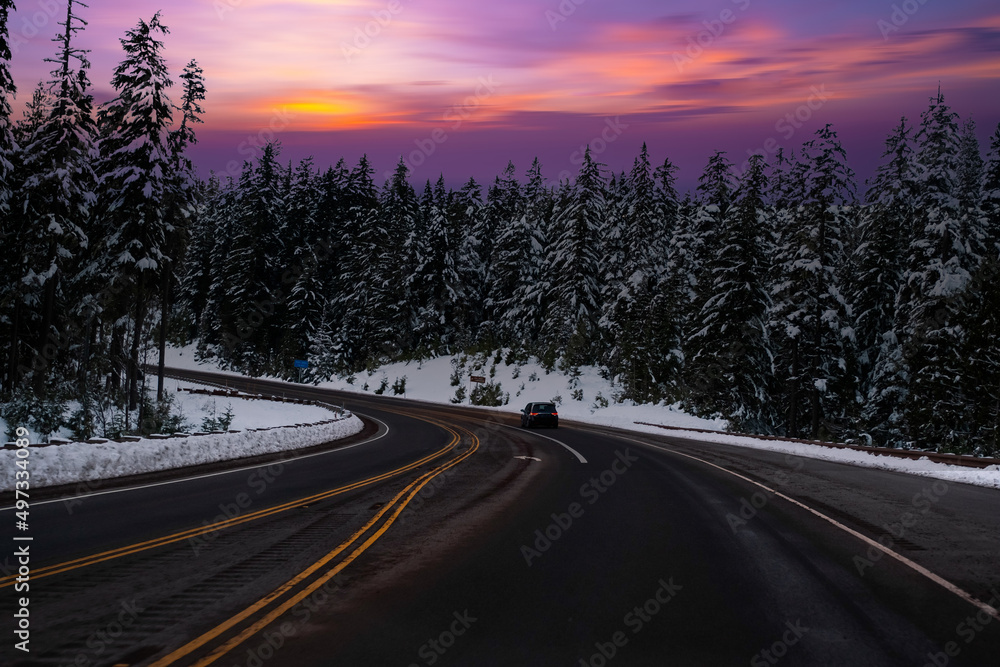 White Snow road trees drive, Road to wintry sunset, White Snow road trees drive, Road to wintry sunset,