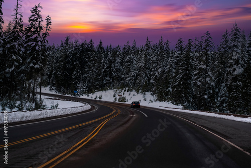 White Snow road trees drive, Road to wintry sunset,