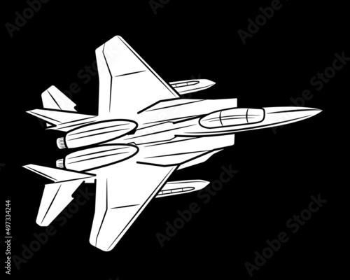 Vector cartoon fighter jet. Combat aircraft in isolate on a black background.